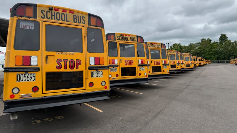 Imagen muestra autobuses escolares estacionados en Dayton, Ohio, el 21 de agosto de 2025. (AP...