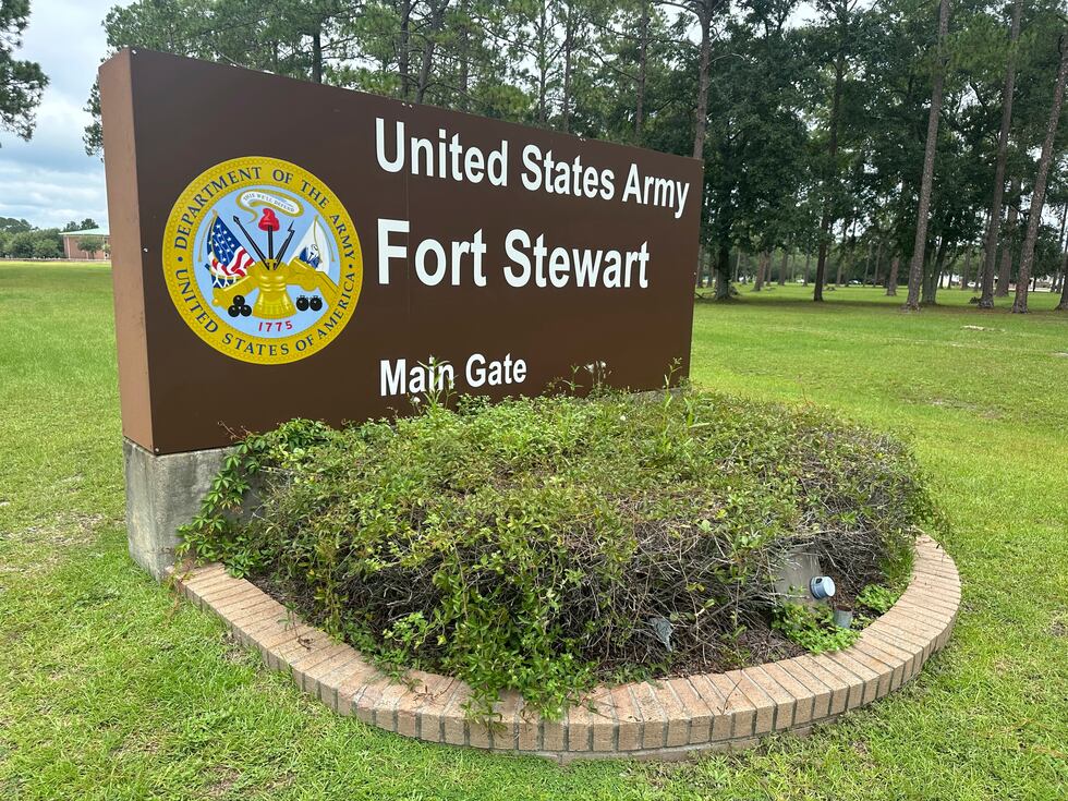 A sign outside the main gate of Fort Stewart, Georgia, is shown on Wednesday, Aug. 6, 2025.